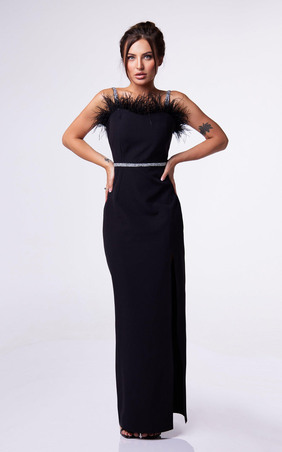 ADEL | Black maxi evening dress with feathers | Tatiana Tretyak Brand