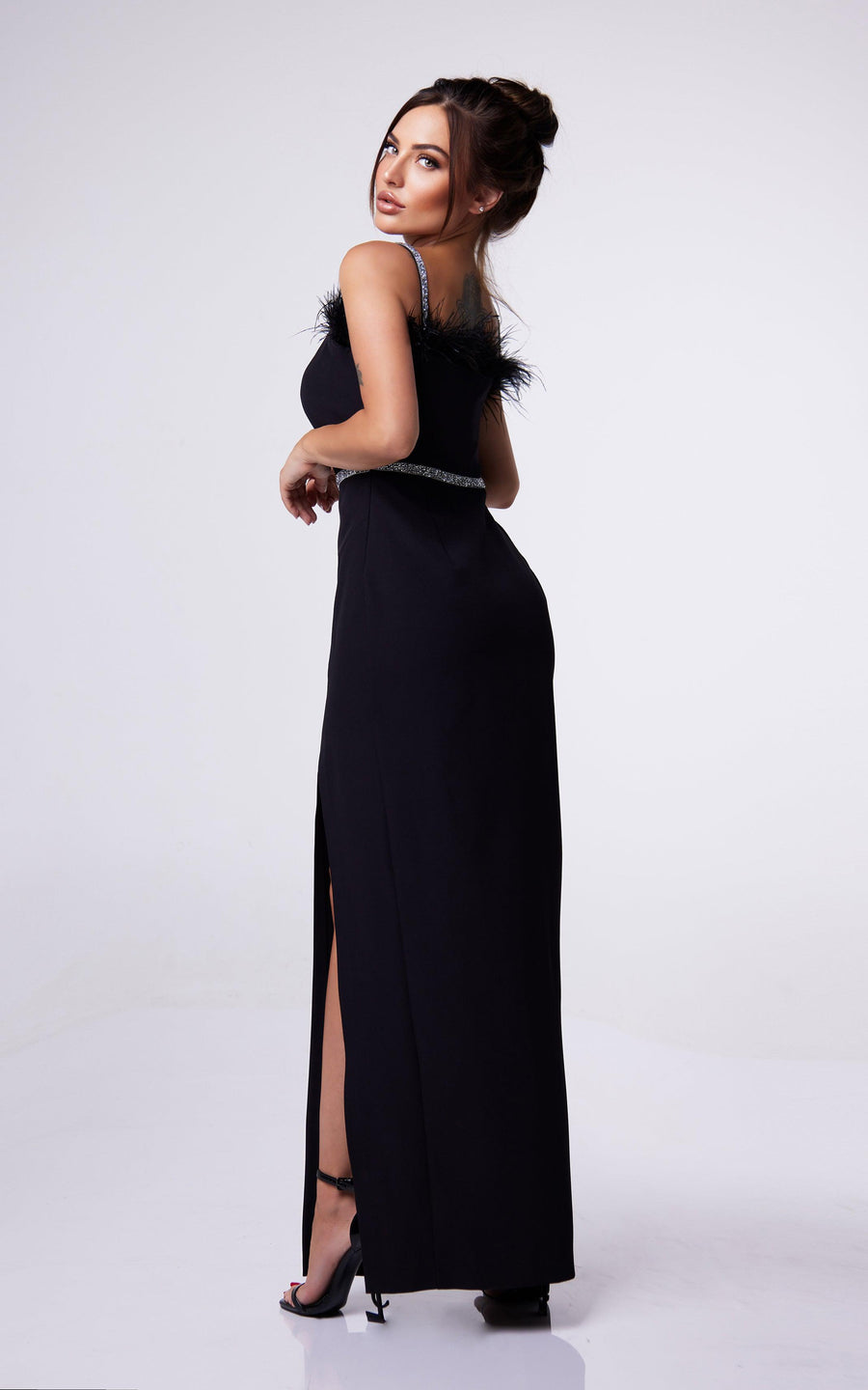 ADEL | Black maxi evening dress with feathers | Tatiana Tretyak Brand
