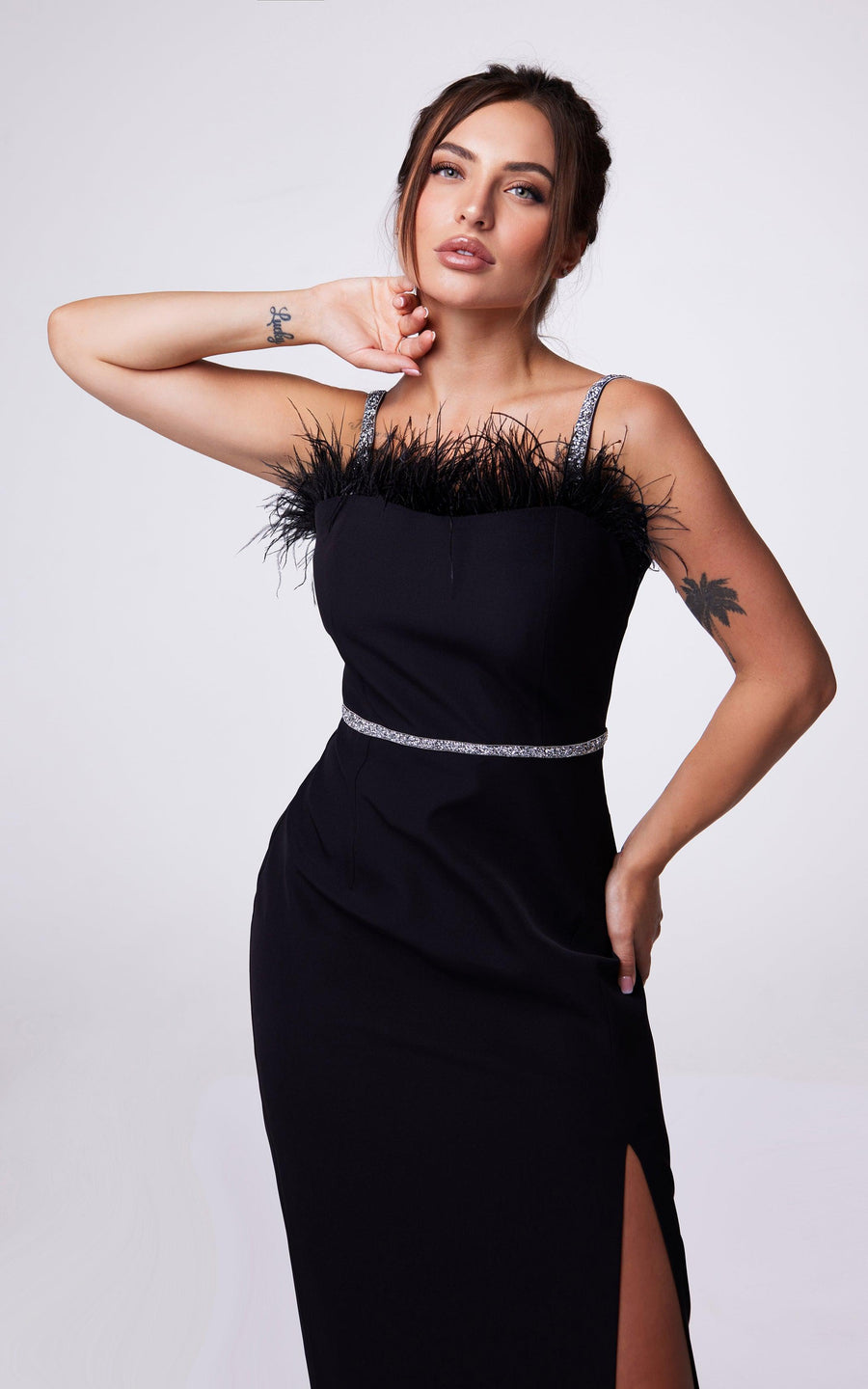 ADEL | Black maxi evening dress with feathers | Tatiana Tretyak Brand