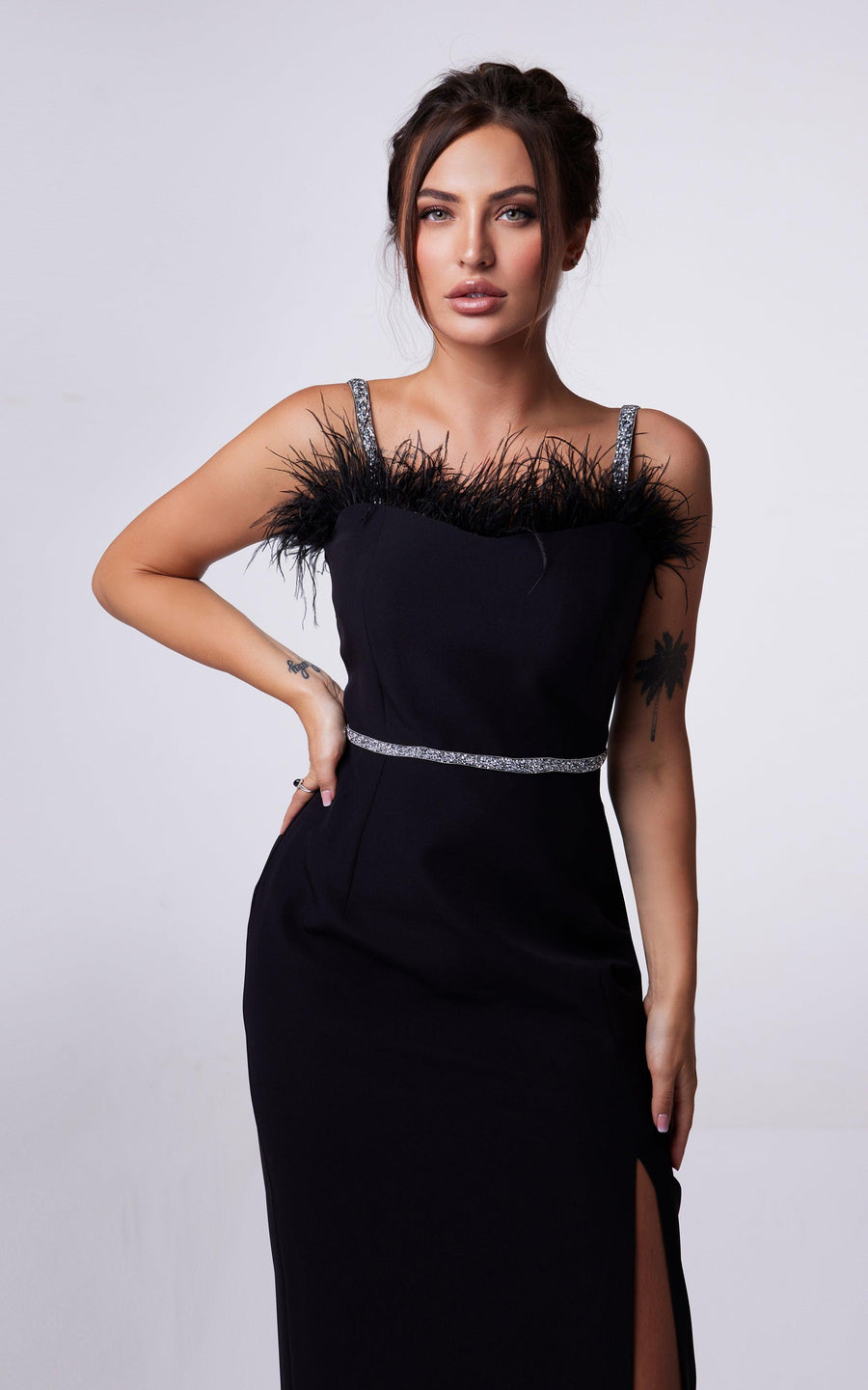 ADEL | Black maxi evening dress with feathers | Tatiana Tretyak Brand