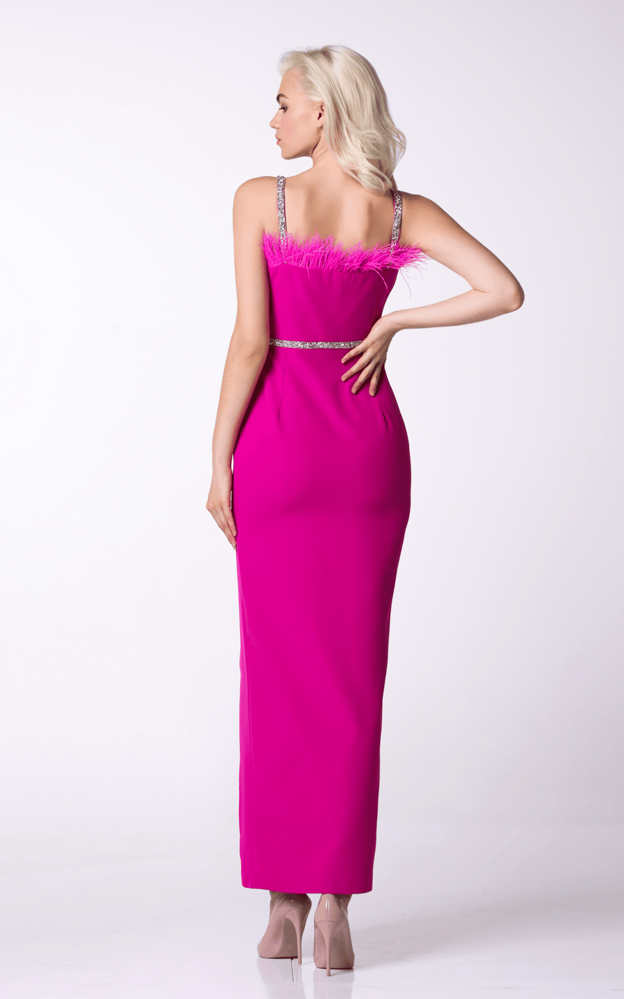 ADEL | Fuchsia maxi evening dress with feathers | Tatiana Tretyak Brand