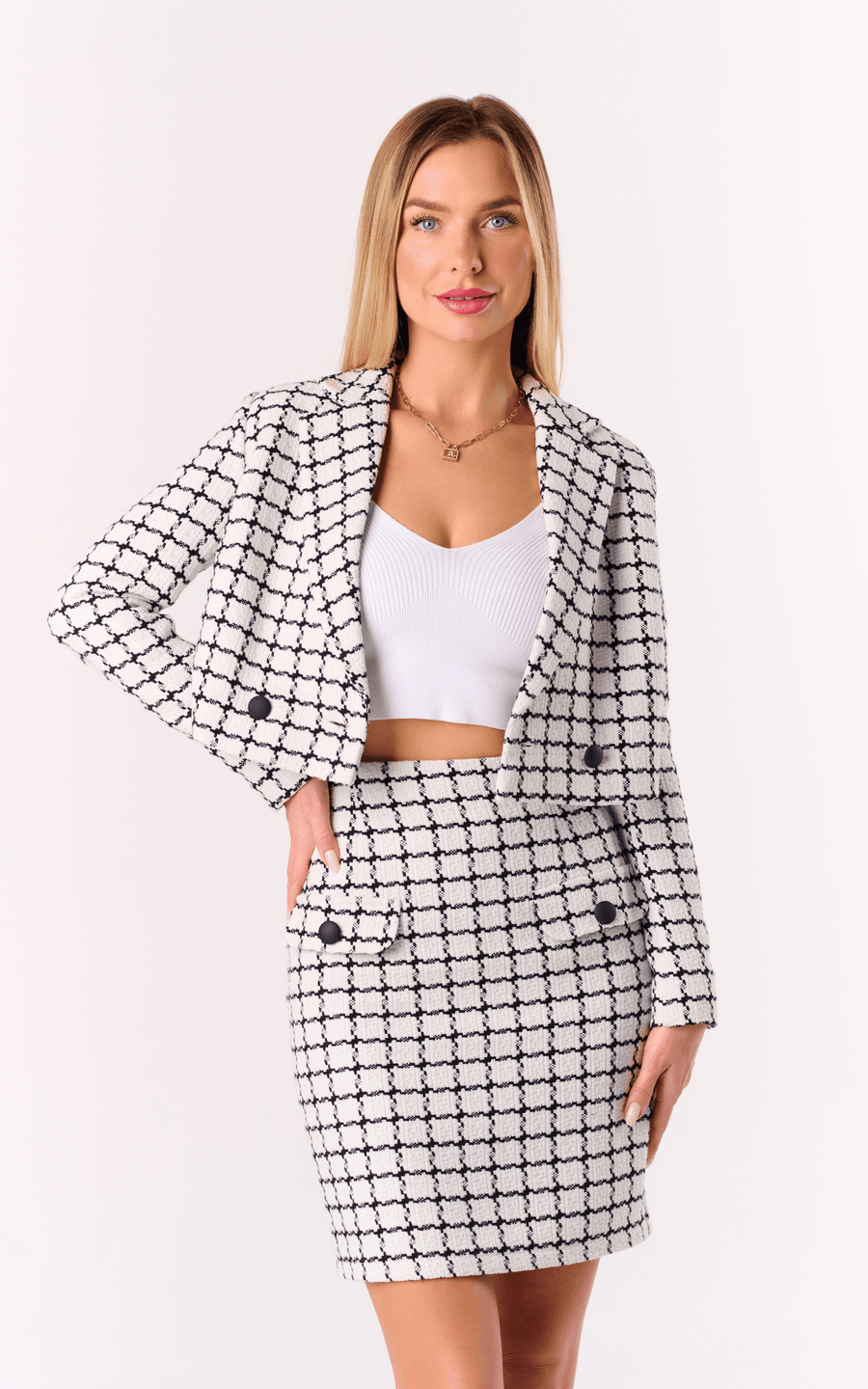 SANDRINA | Women's Tweed Skirt Suit White Black | Tatiana Tretyak Brand