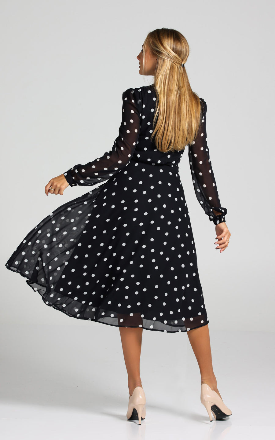 LAMARA | Brown With White Polka Dots Midi length Dress | Tatiana Tretyak Brand