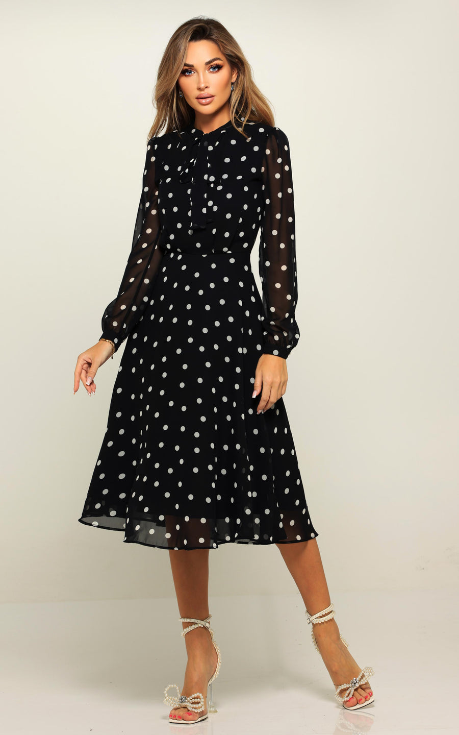 LAMARA | Brown With White Polka Dots Midi length Dress | Tatiana Tretyak Brand