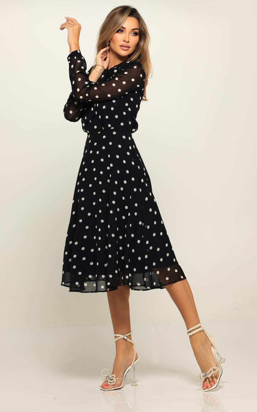 LAMARA | Brown With White Polka Dots Midi length Dress | Tatiana Tretyak Brand