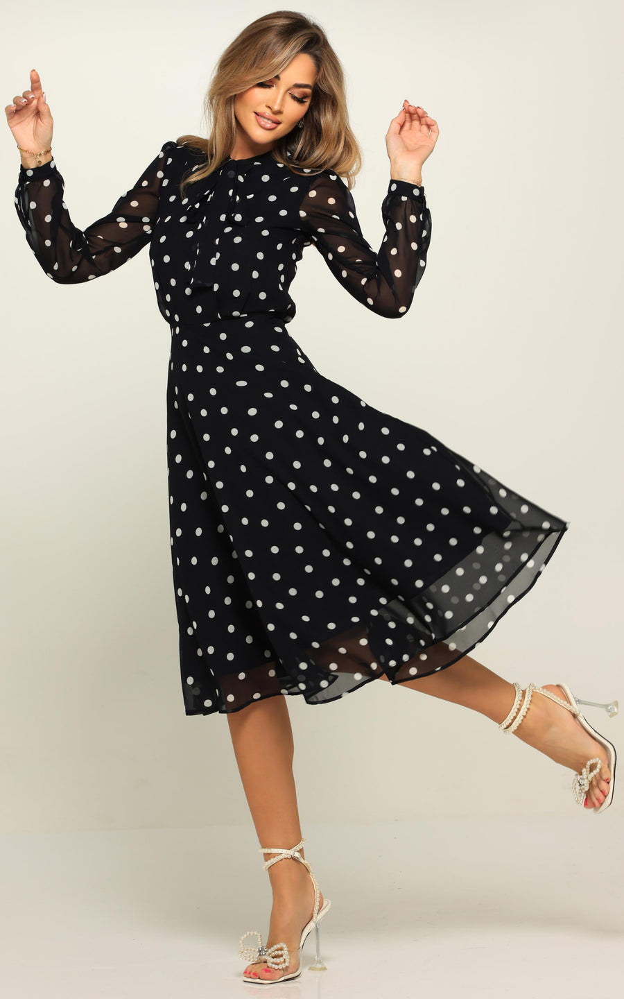 LAMARA | Brown With White Polka Dots Midi length Dress | Tatiana Tretyak Brand