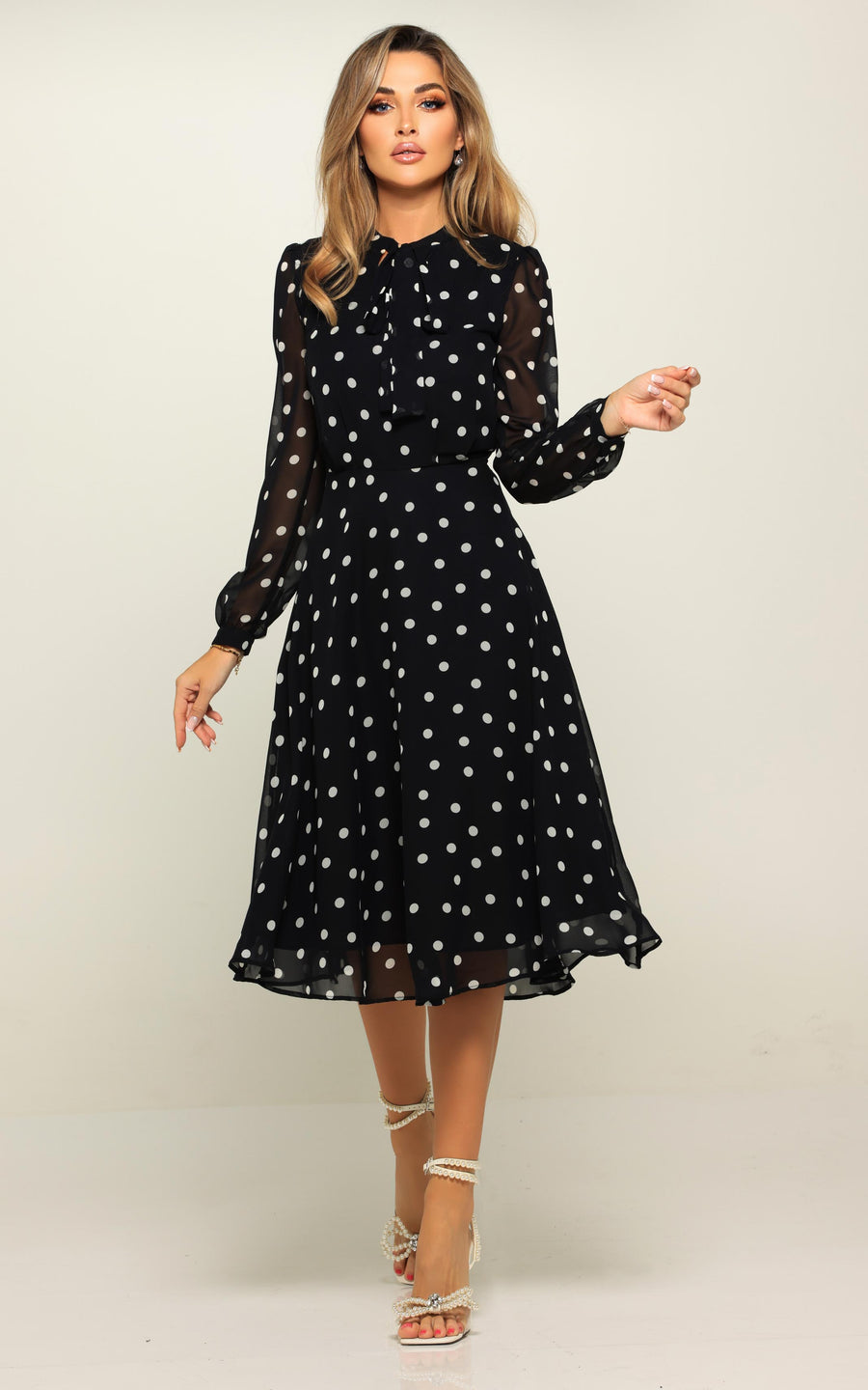 LAMARA | Brown With White Polka Dots Midi length Dress | Tatiana Tretyak Brand