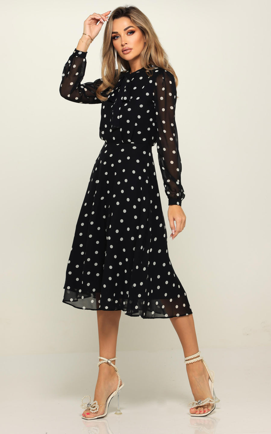 LAMARA | Brown With White Polka Dots Midi length Dress | Tatiana Tretyak Brand