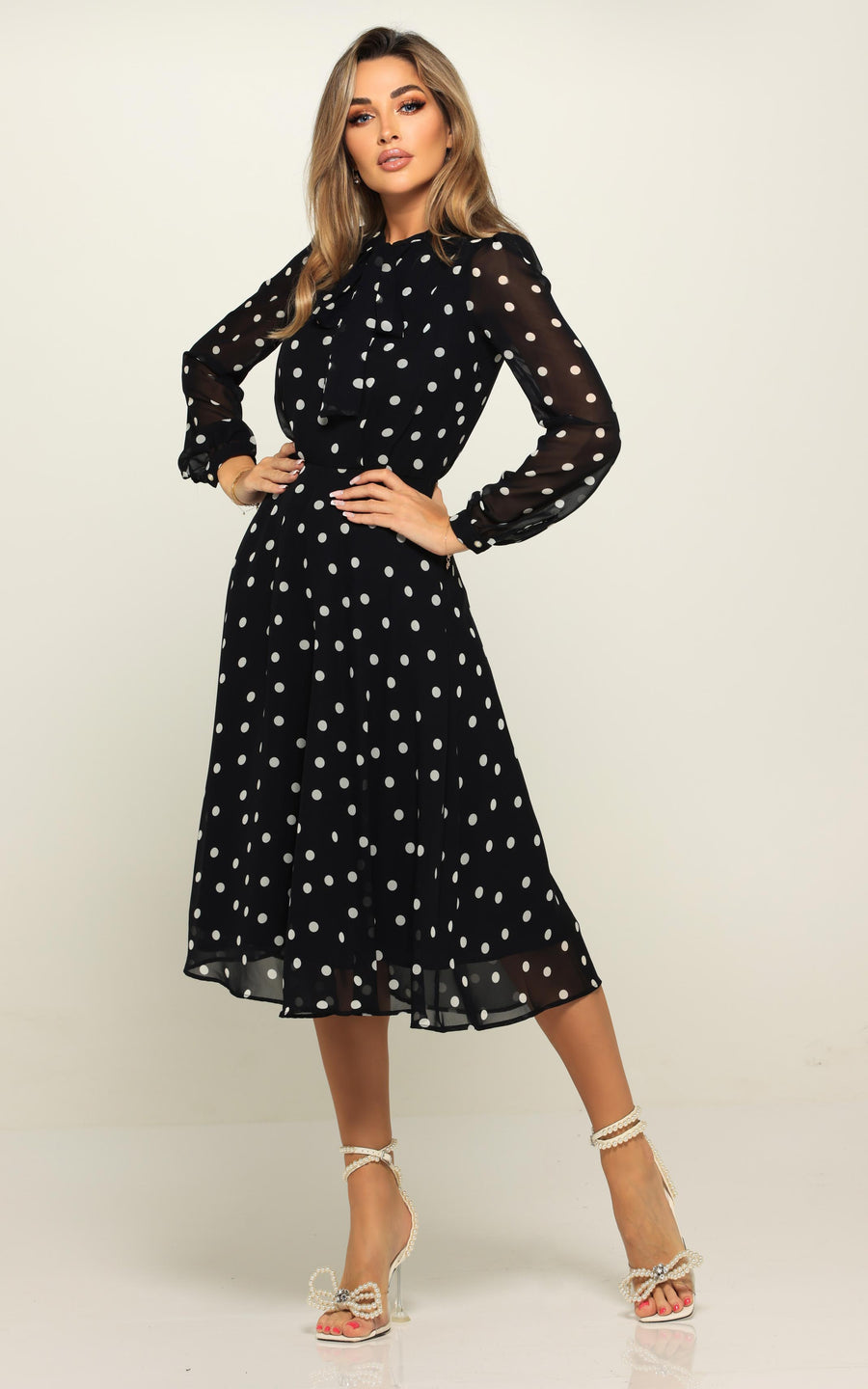 LAMARA | Brown With White Polka Dots Midi length Dress | Tatiana Tretyak Brand