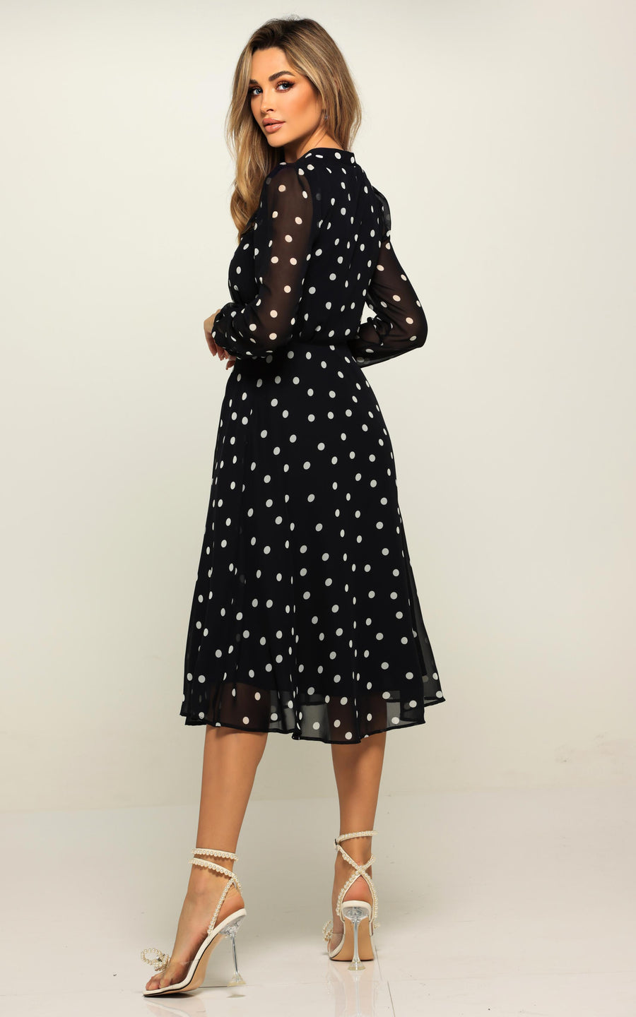 LAMARA | Brown With White Polka Dots Midi length Dress | Tatiana Tretyak Brand