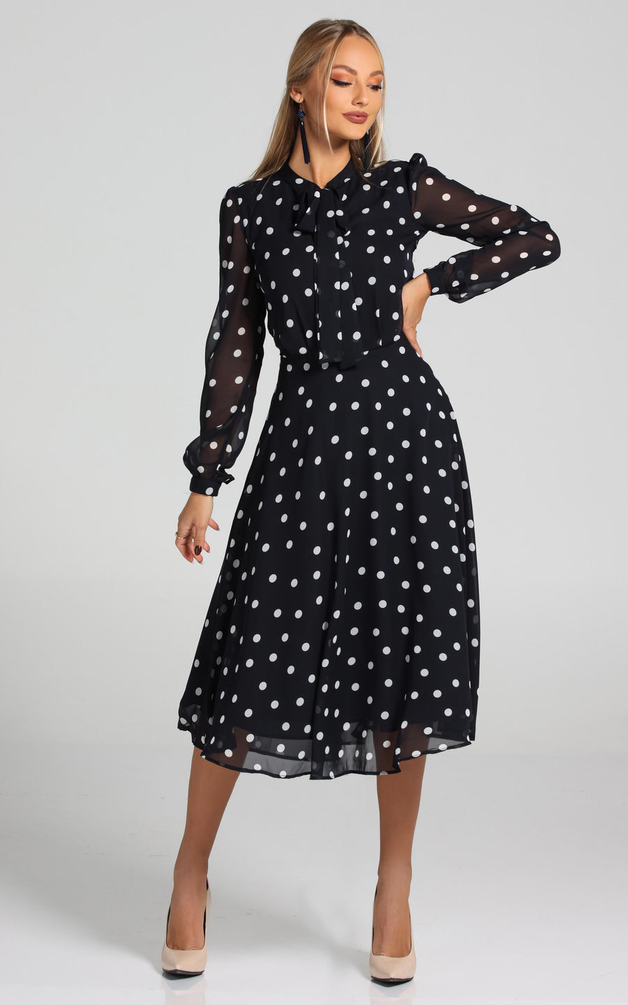 LAMARA | Brown With White Polka Dots Midi length Dress | Tatiana Tretyak Brand