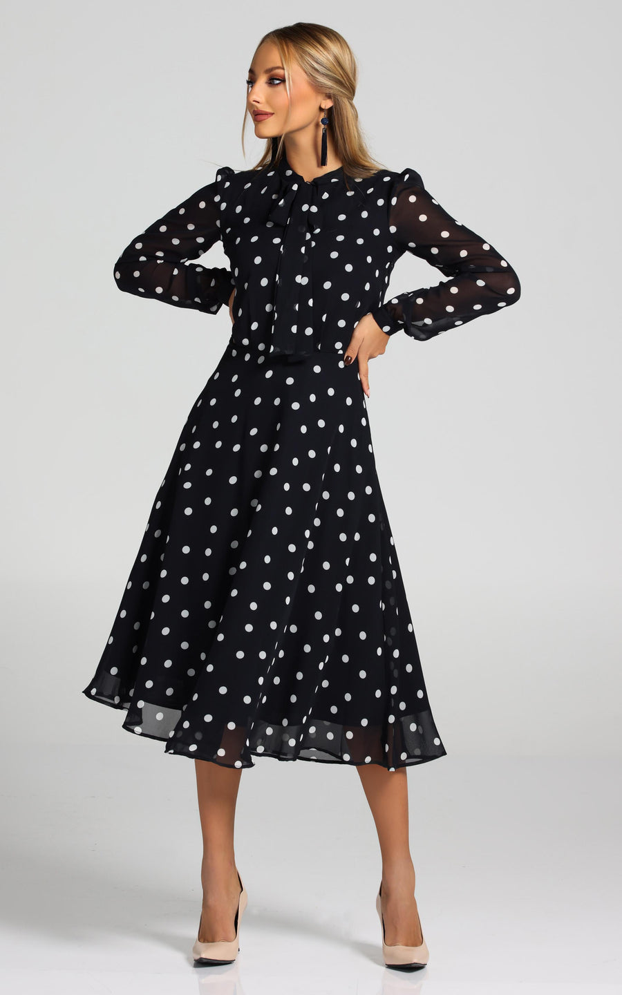 LAMARA | Brown With White Polka Dots Midi length Dress | Tatiana Tretyak Brand