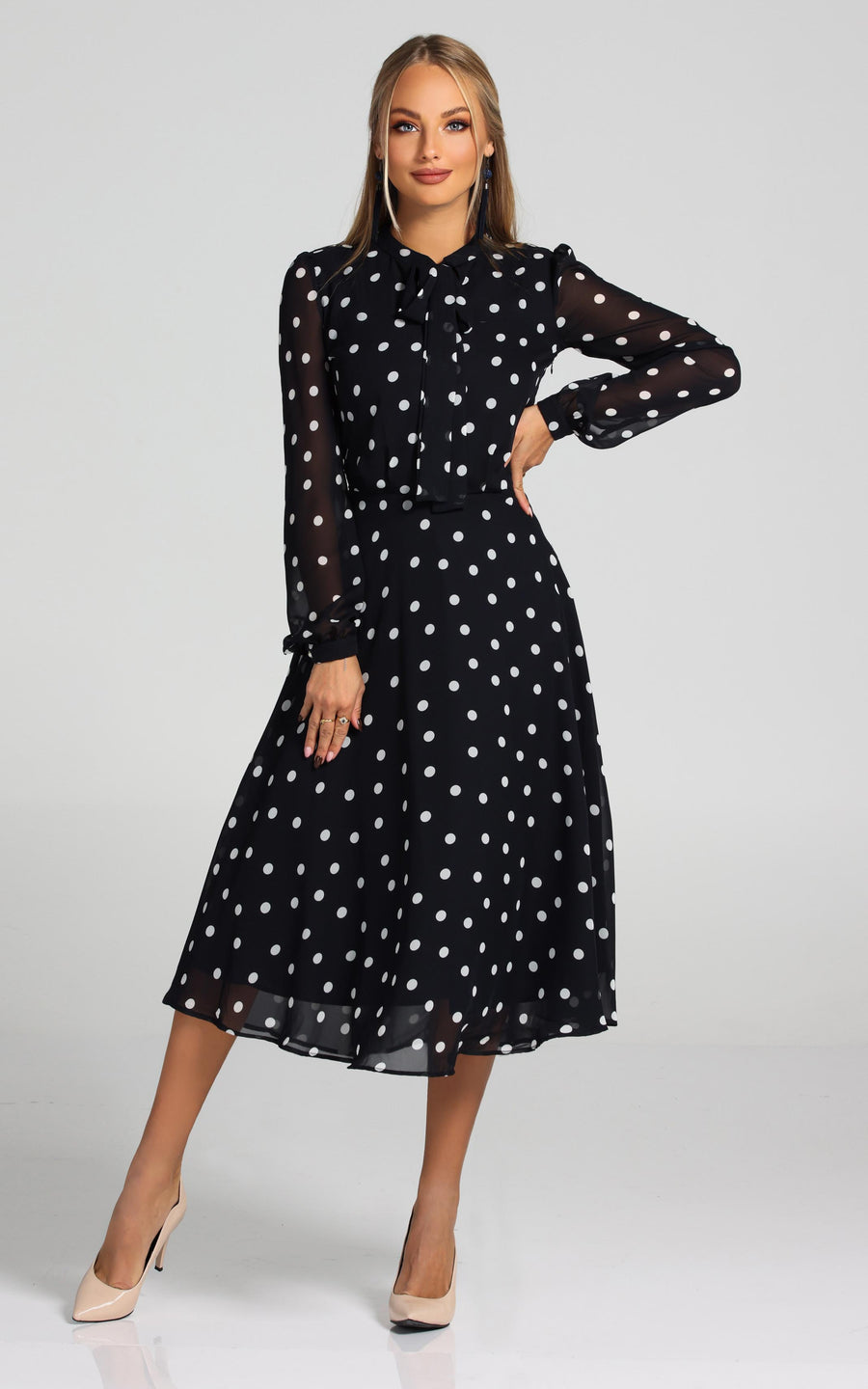 LAMARA | Brown With White Polka Dots Midi length Dress | Tatiana Tretyak Brand