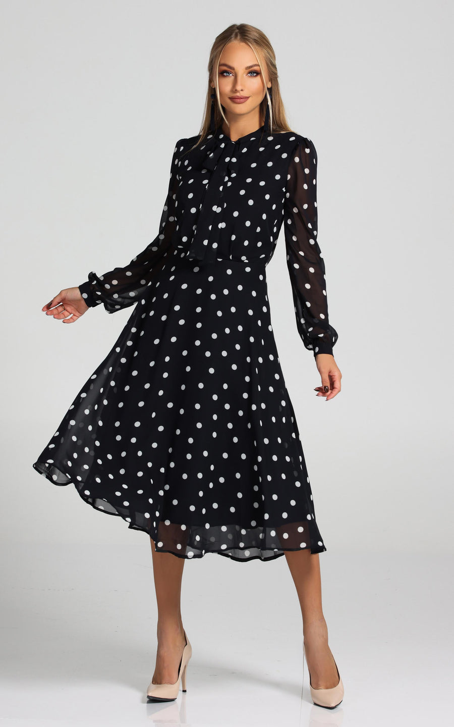 LAMARA | Brown With White Polka Dots Midi length Dress | Tatiana Tretyak Brand