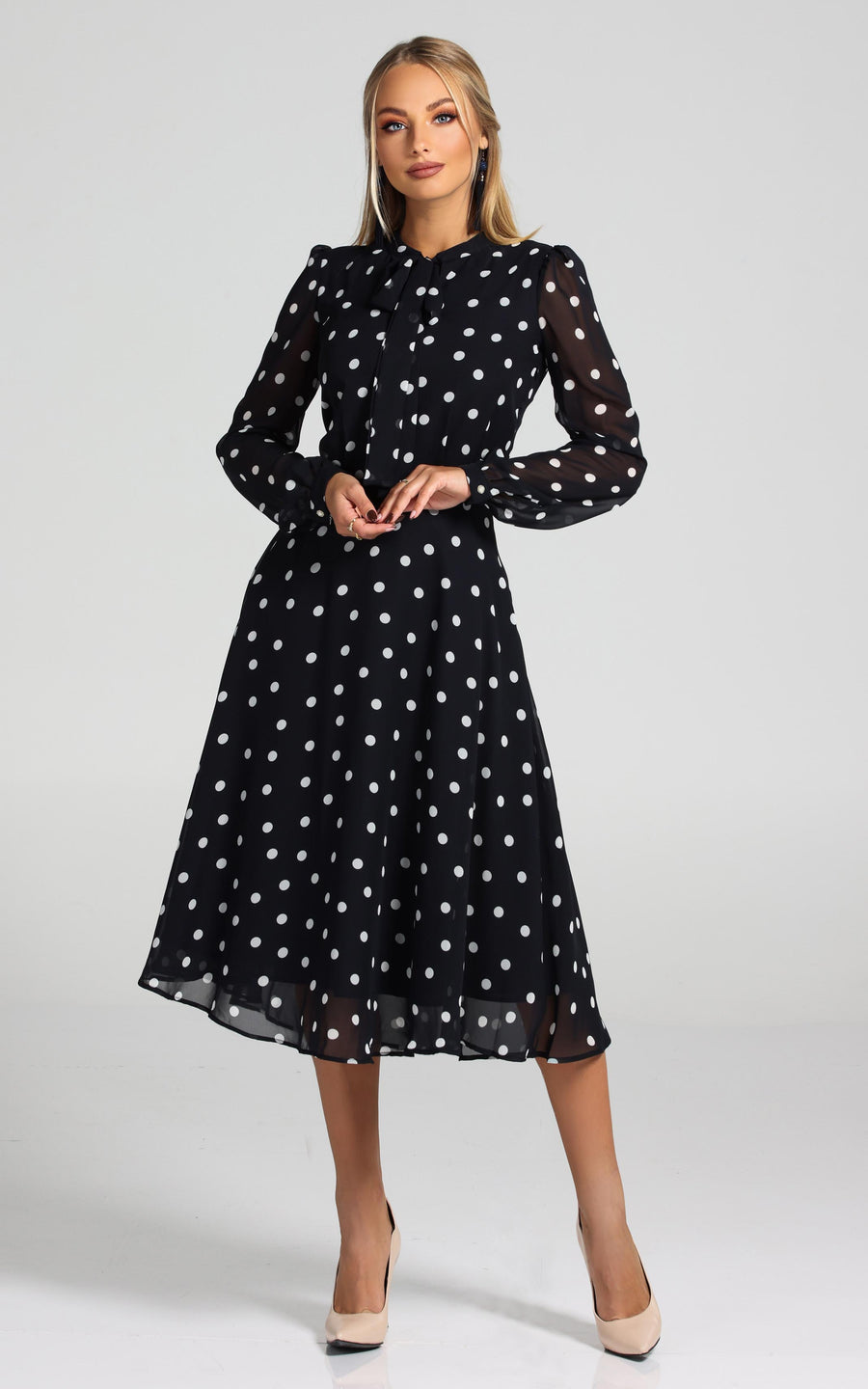 LAMARA | Brown With White Polka Dots Midi length Dress | Tatiana Tretyak Brand